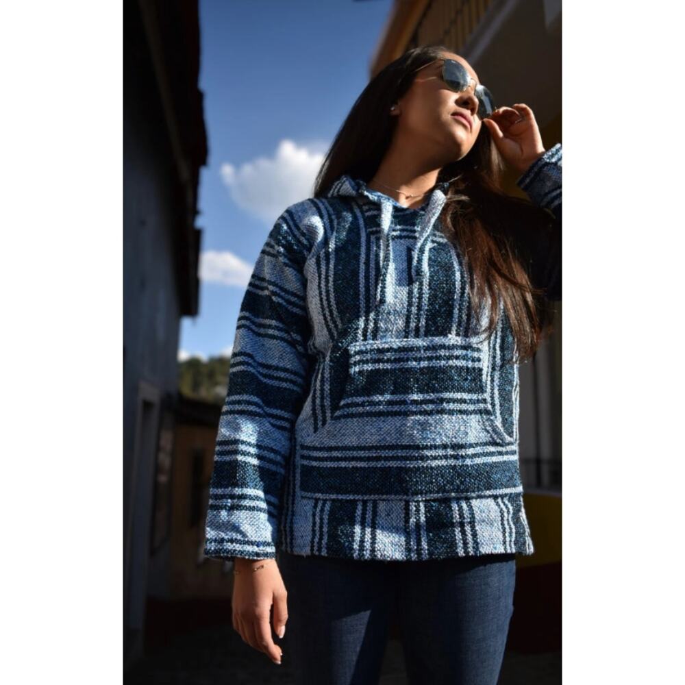 Baja Joe Unisex Soft Hippie Drug Rug Poncho Hooded Sweatshirt Size S Black White